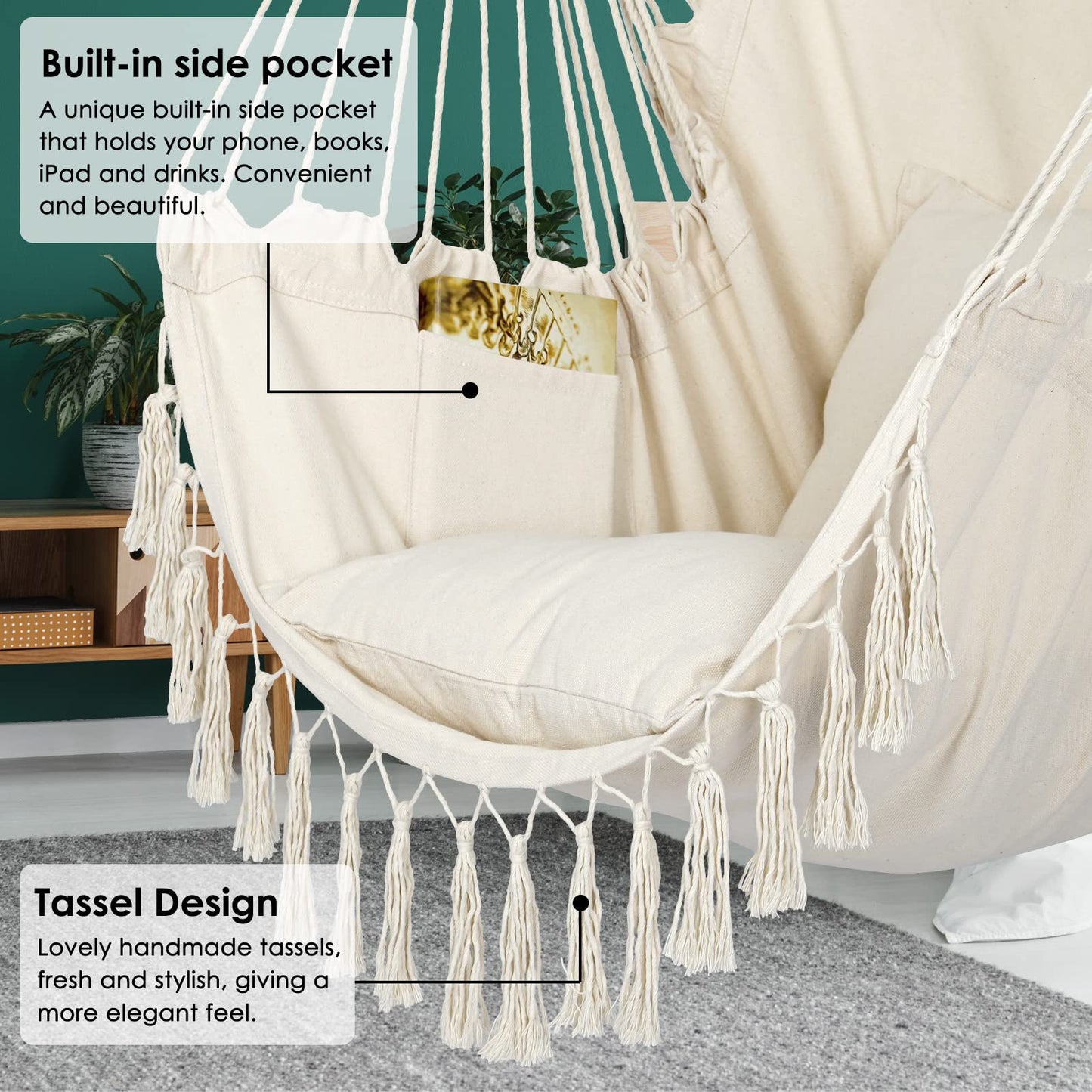 Boho Macrame Hammock Chair Hanging Rope Swing, Max 500 Lbs, 2 Cushions Included, with Pocket and Hardware Kit