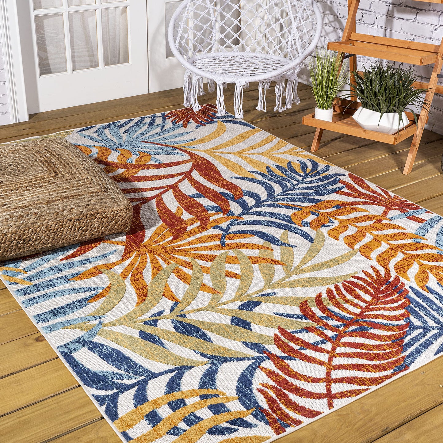 8x10 Boho Palm Leaves Indoor/Outdoor Rug - Easy-Clean, Non-Shedding for High Traffic Areas, Cream/Orange