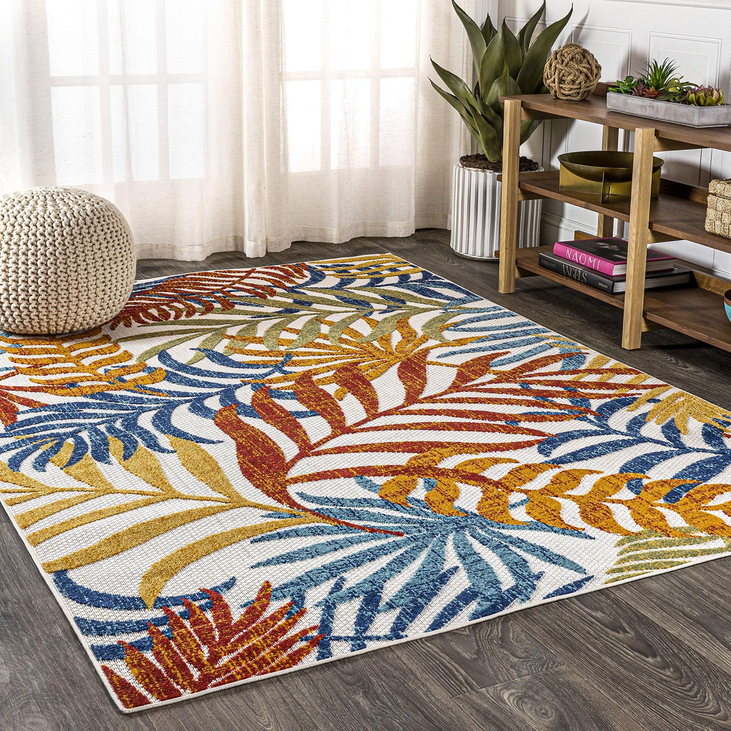 8x10 Boho Palm Leaves Indoor/Outdoor Rug - Easy-Clean, Non-Shedding for High Traffic Areas, Cream/Orange