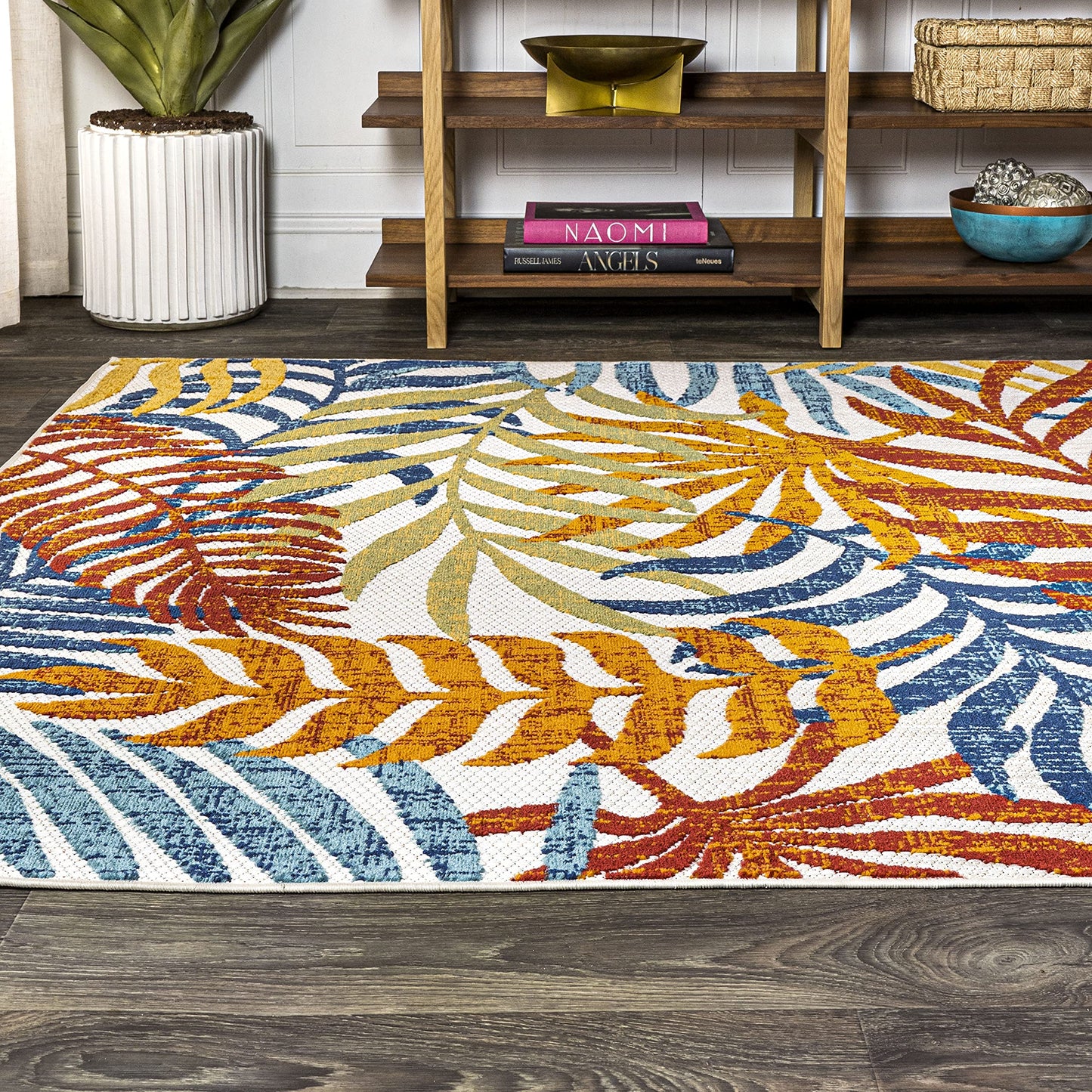 8x10 Boho Palm Leaves Indoor/Outdoor Rug - Easy-Clean, Non-Shedding for High Traffic Areas, Cream/Orange