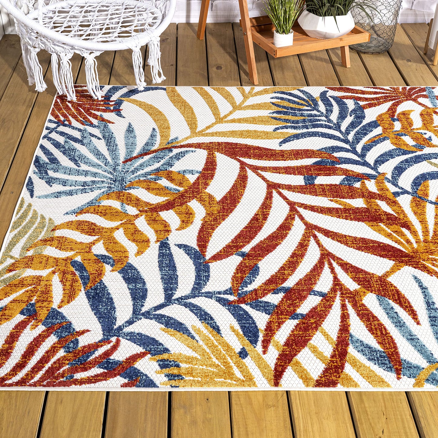 8x10 Boho Palm Leaves Indoor/Outdoor Rug - Easy-Clean, Non-Shedding for High Traffic Areas, Cream/Orange