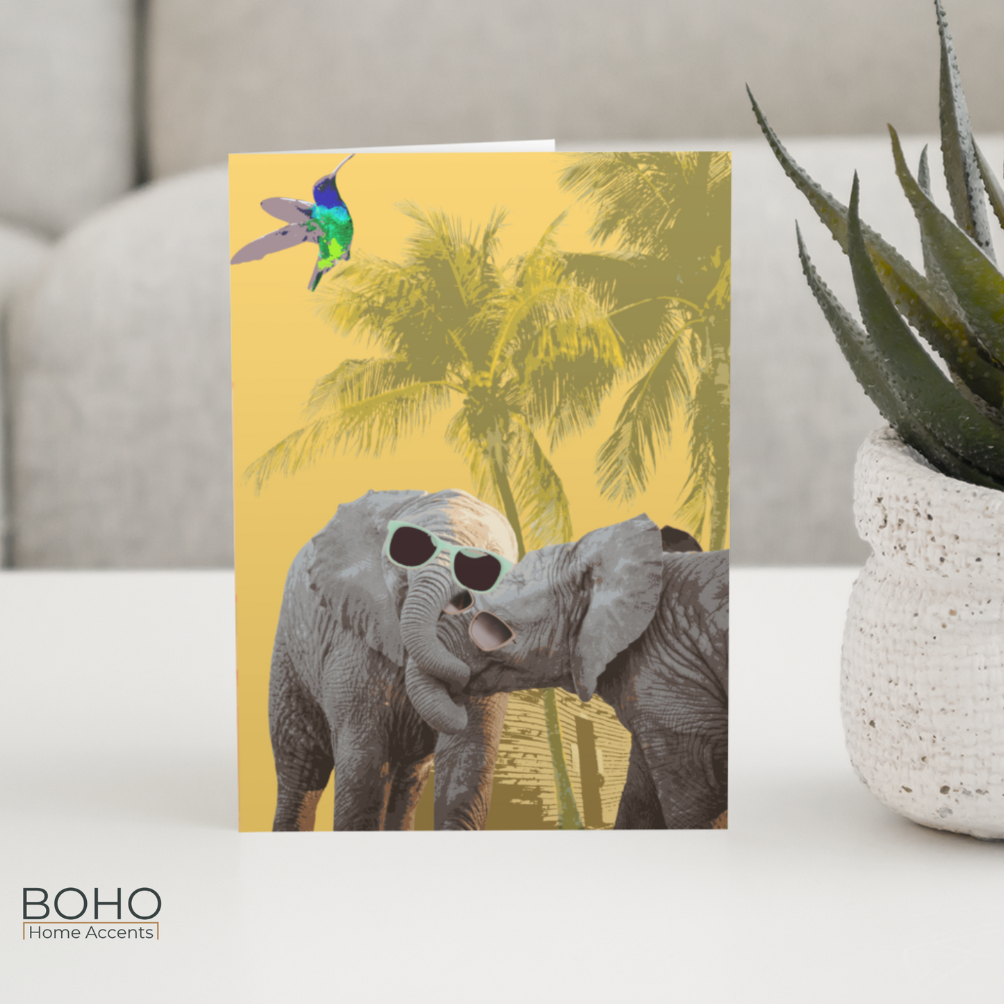 Art Card, Happy Elephants everyday Greeting Card, Birthday Card, All occasions blank note card, Blank inside, 5x7 with envelope | Boho Home Accents