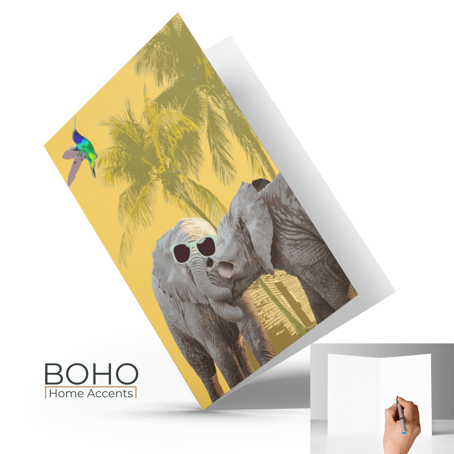 Art Card, Happy Elephants everyday Greeting Card, Birthday Card, All occasions blank note card, Blank inside, 5x7 with envelope | Boho Home Accents