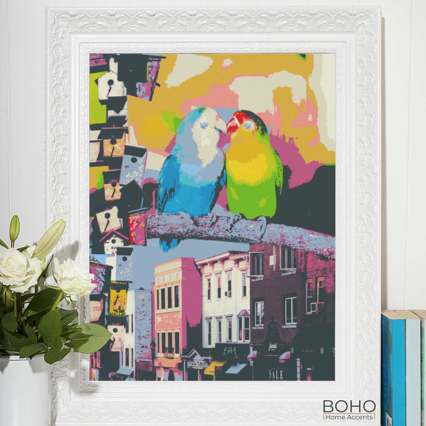 Wall Art - Love Birds Art Print - Wall Decoration, 10x8, Art Poster, Boho Artwork, Tropical Art | Boho Home Accents