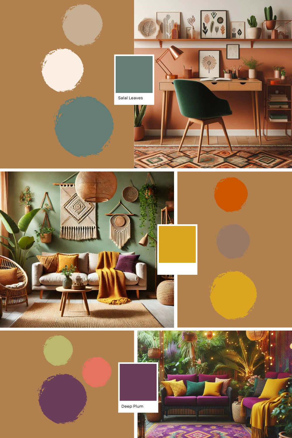 Vibrant home office, living room, and bedroom decor with turquoise, orange, green, neutral, and plum accents, creating a boho-chic, energetic atmosphere.