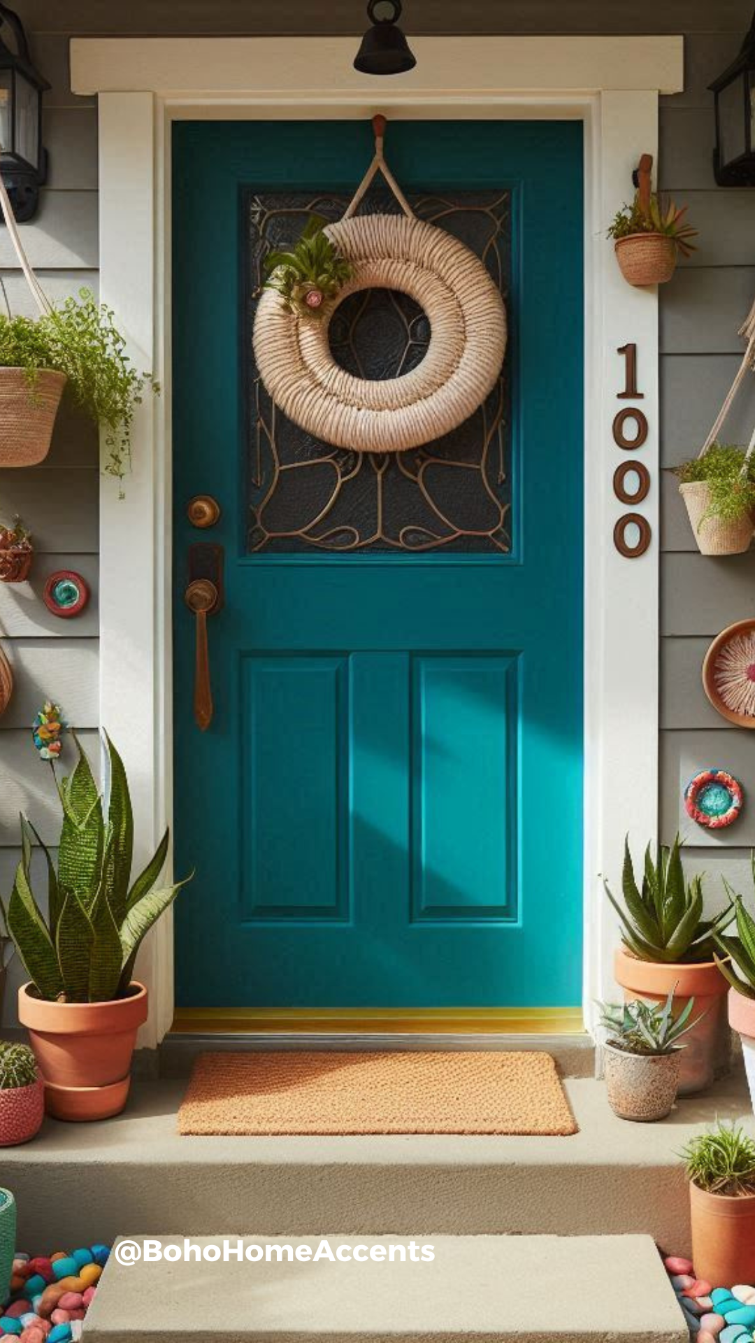 Charming porch with a bold blue emerald door, enhancing curb appeal with budget-friendly decor.