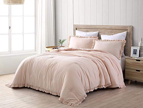 Ruffled Edge Comforter Set with Boho Chic Vibes: Soft Microfiber in Blush, Queen Size