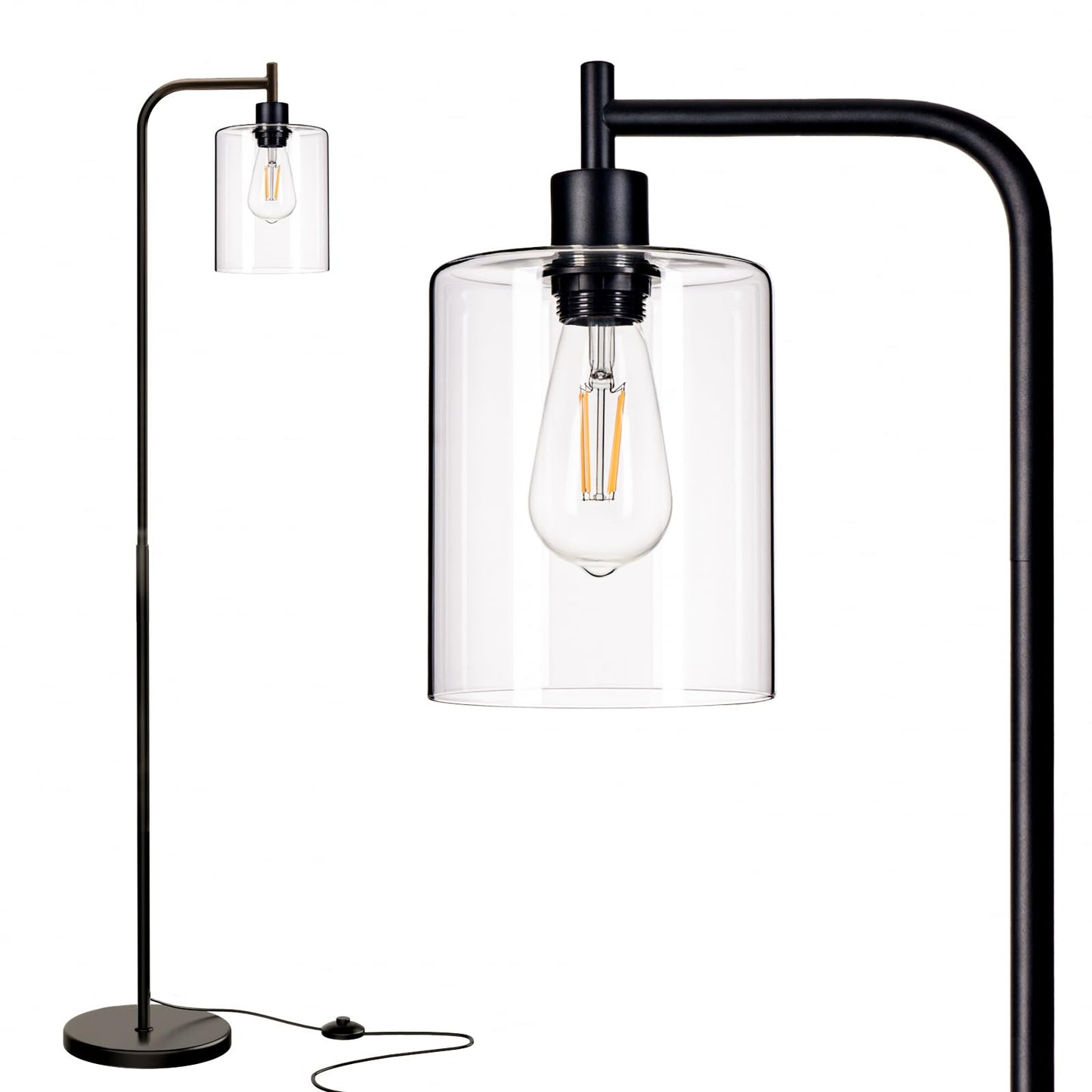 Bohemian Bright Floor Lamp with Glass Shade - LED Bulbs, Tall Pole Lamp for Living Room, Bedroom, Office - Black