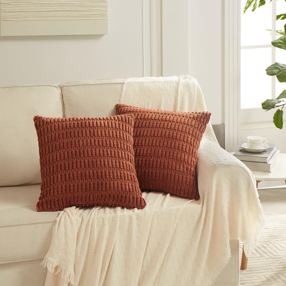 Boho Decorative Throw Pillow Covers - 4 Pack, 18x18 Inch, Striped Corduroy, Rustic Farmhouse Cushion Cases for Living Room
