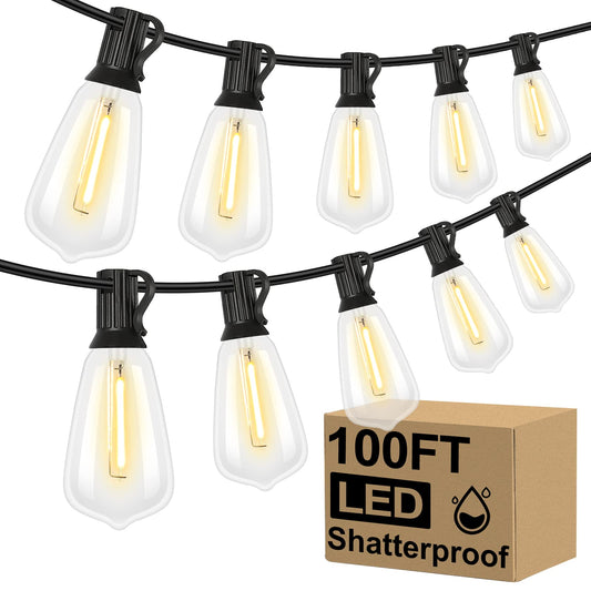 Boho LED String Lights: 100FT Patio Lights with 52 Vintage Edison Bulbs - Waterproof and Dimmable - Perfect for Porch, Deck, or Garden
