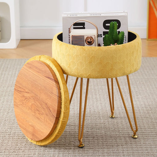 Chic Velvet Storage Ottoman with Gold Legs – Multi-Functional Round Footstool in Ginger