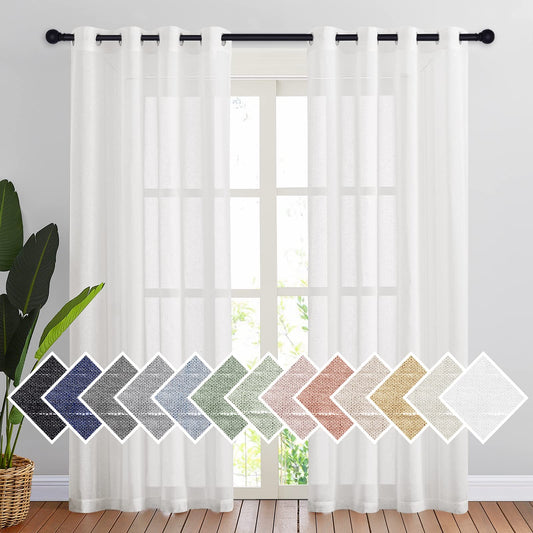 Boho Sheer Linen Curtains - 84" Length, 2 Panel Set with Grommets, Semitransparent for Living Room & Bedroom