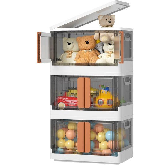 Boho Closet Organizer Bin Set - Foldable Storage Bins with Lids and Doors, 3 Pack