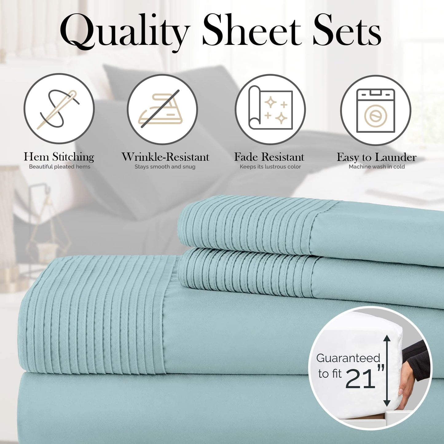 Vilano Pleats Queen 4-Piece Extra Deep Pocket Sheet Set, 21-Inch, Easy Care