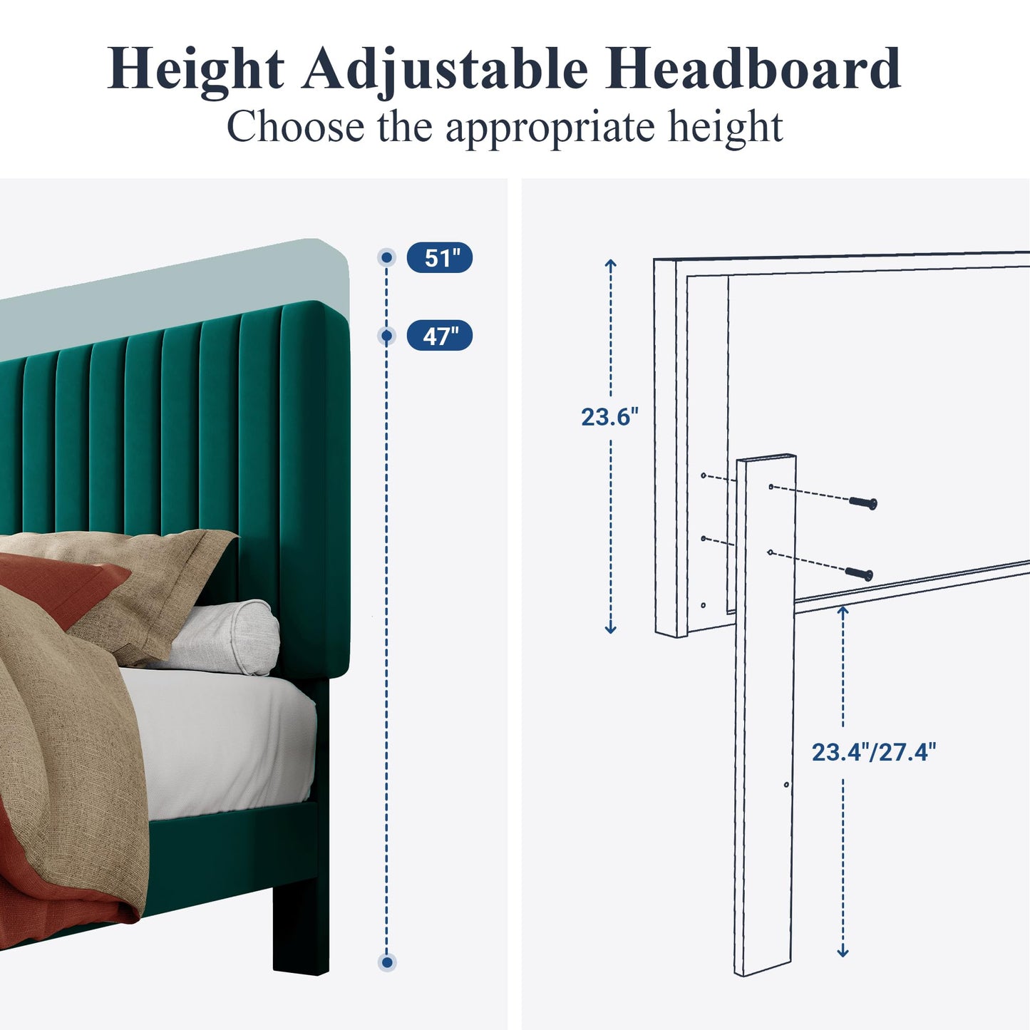Velvet Upholstered Bed Frame with Adjustable Tufted Headboard