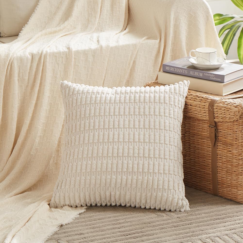 Boho Decorative Throw Pillow Covers - 4 Pack, 18x18 Inch, Striped Corduroy, Rustic Farmhouse Cushion Cases for Living Room