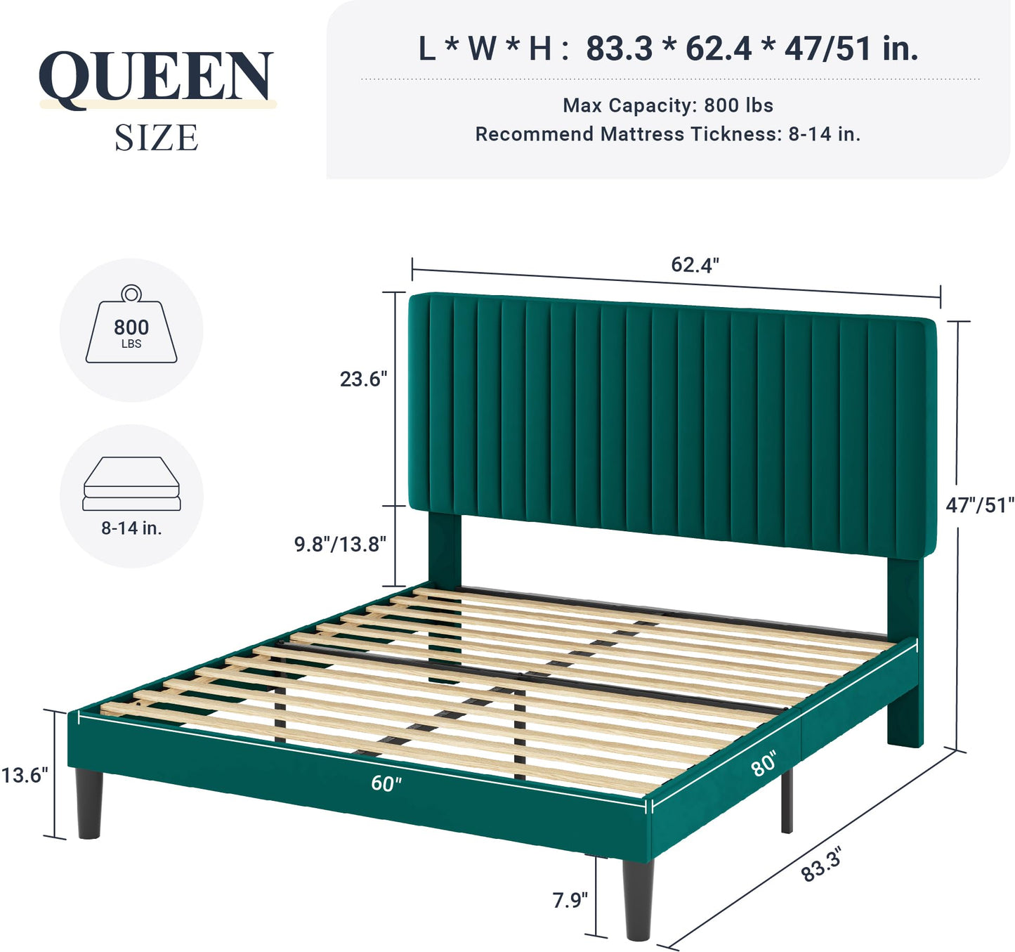 Velvet Upholstered Bed Frame with Adjustable Tufted Headboard