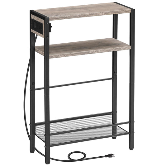 Boho Side Table with Charging Station - Slim End Table with USB Ports and Storage Shelves, Greige and Black