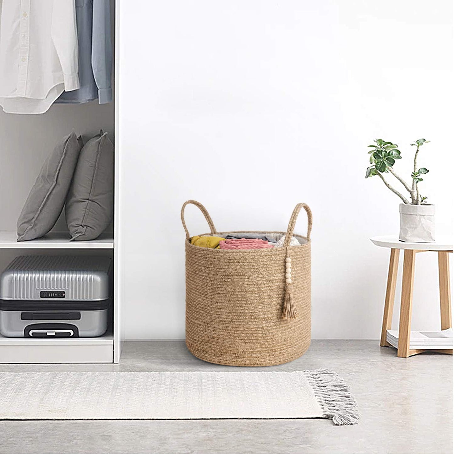 Woven Rope Storage Basket with Wooden Bead Decoration - Ideal for Blankets, Toys, Clothes, Shoes, and Plants