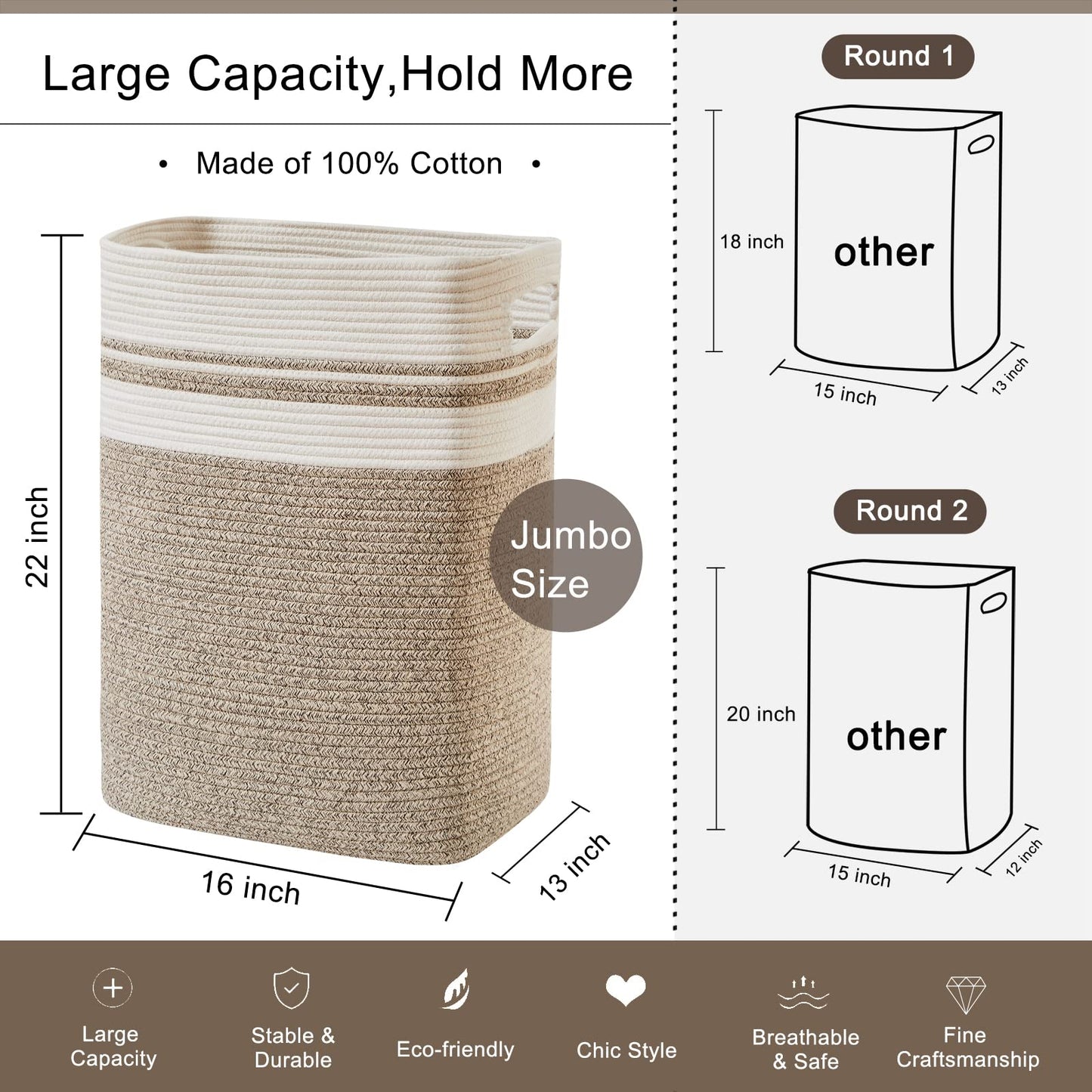 Tall Boho Cotton Laundry Hamper - Stylish Storage Basket with Handles - Collapsible for Toys, Pillows, and Clothes