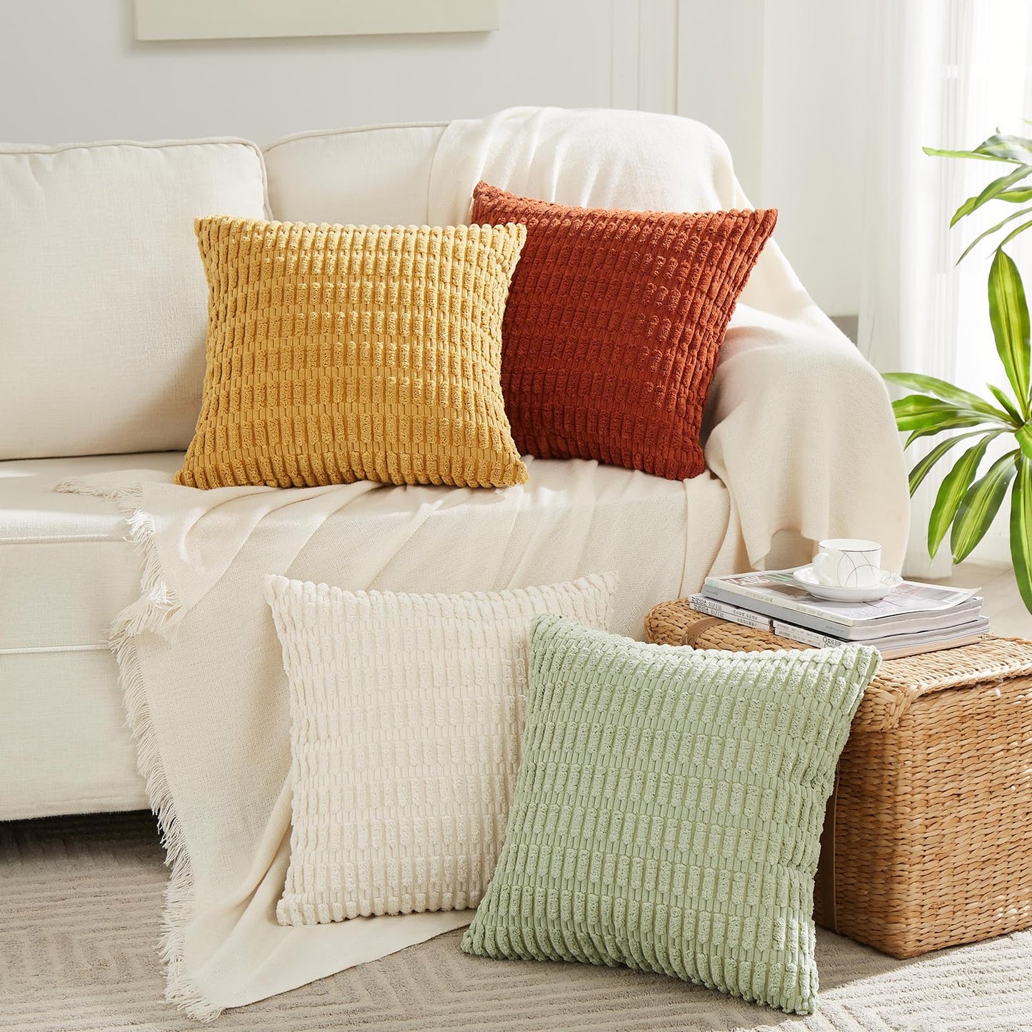 Boho Decorative Throw Pillow Covers - 4 Pack, 18x18 Inch, Striped Corduroy, Rustic Farmhouse Cushion Cases for Living Room