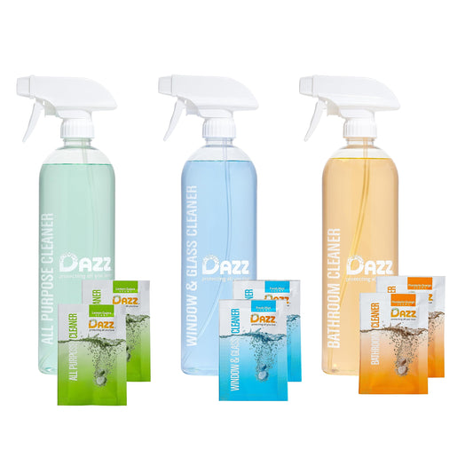 Dazz Whole House Starter Kit (3 Reusable Spray Bottles, 6 Refills) Natural All Purpose, Glass, & Bathroom Cleaner - Eco Friendly, Non Toxic