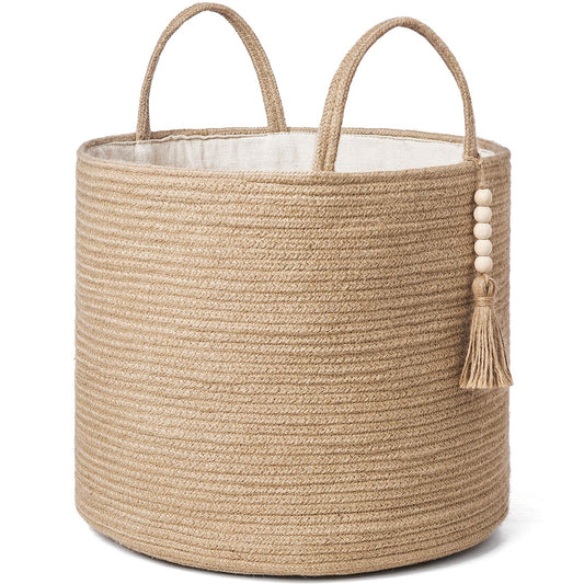Woven Rope Storage Basket with Wooden Bead Decoration - Ideal for Blankets, Toys, Clothes, Shoes, and Plants - Enhance Your Home Decor with Natural Jute - Available in Various Sizes and Colors!