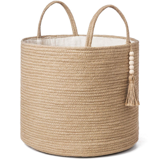 Woven Rope Storage Basket with Wooden Bead Decoration - Ideal for Blankets, Toys, Clothes, Shoes, and Plants