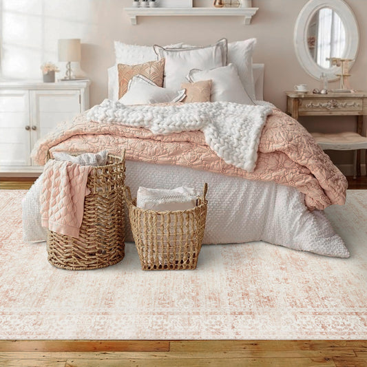 Light Pink Boho Bedroom Rug 6x9 - Soft, Washable Faux Wool Carpet for Kids Room, Playroom, Office
