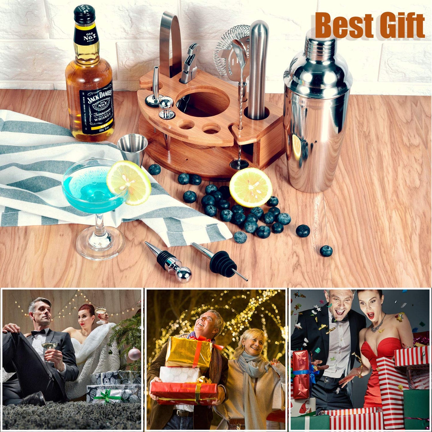 Bamboo Bartender Kit - 12 Piece Cocktail Shaker Set with Stylish Stand