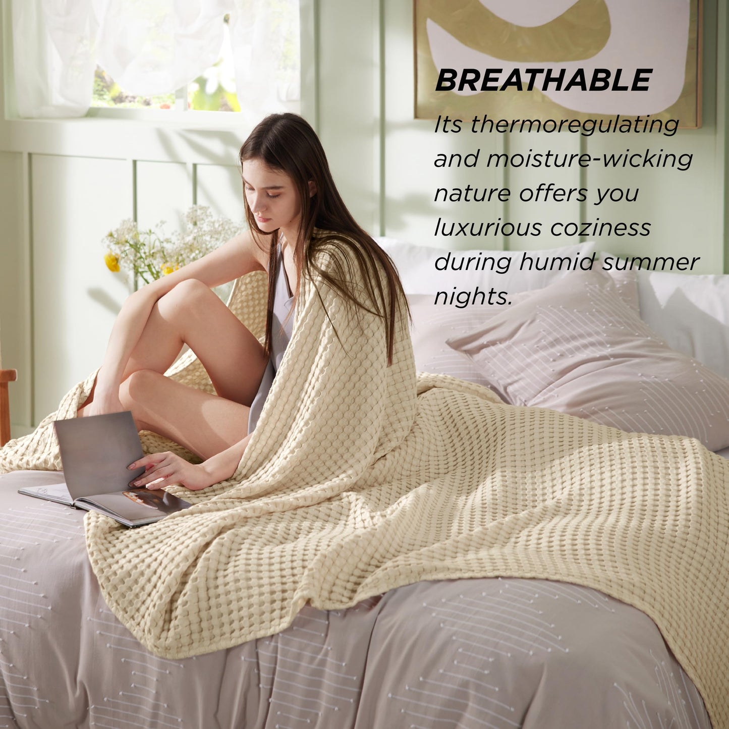 Beige Cooling Waffle King Blanket - Lightweight Bamboo-Cotton Blend for Hot Sleepers, 104x90 Inches