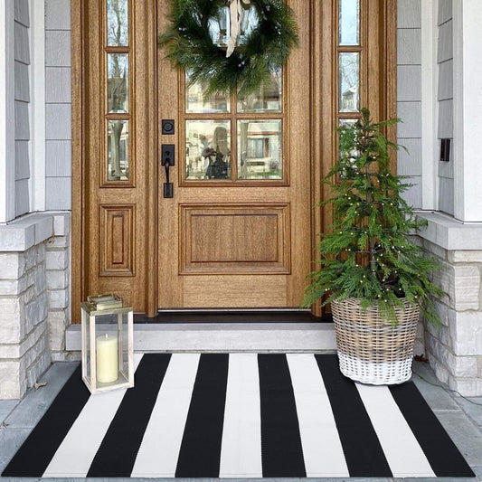 Black & White Striped Front Door Rug - 27.5"x43" Indoor/Outdoor Cotton Porch Mat - Washable Entryway & Patio Decor