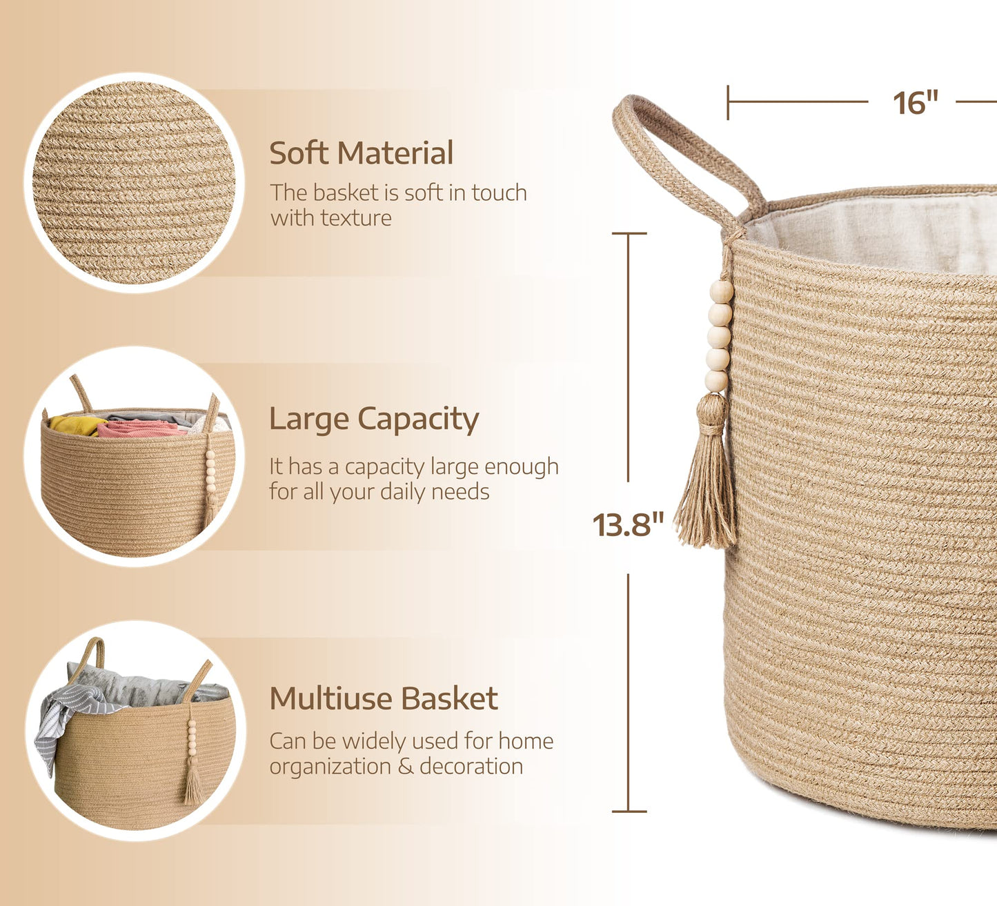Woven Rope Storage Basket with Wooden Bead Decoration - Ideal for Blankets, Toys, Clothes, Shoes, and Plants