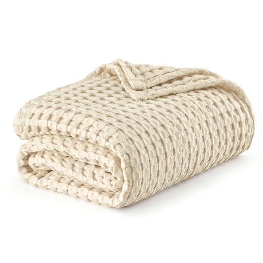 Beige Cooling Waffle King Blanket - Lightweight Bamboo-Cotton Blend for Hot Sleepers, 104x90 Inches