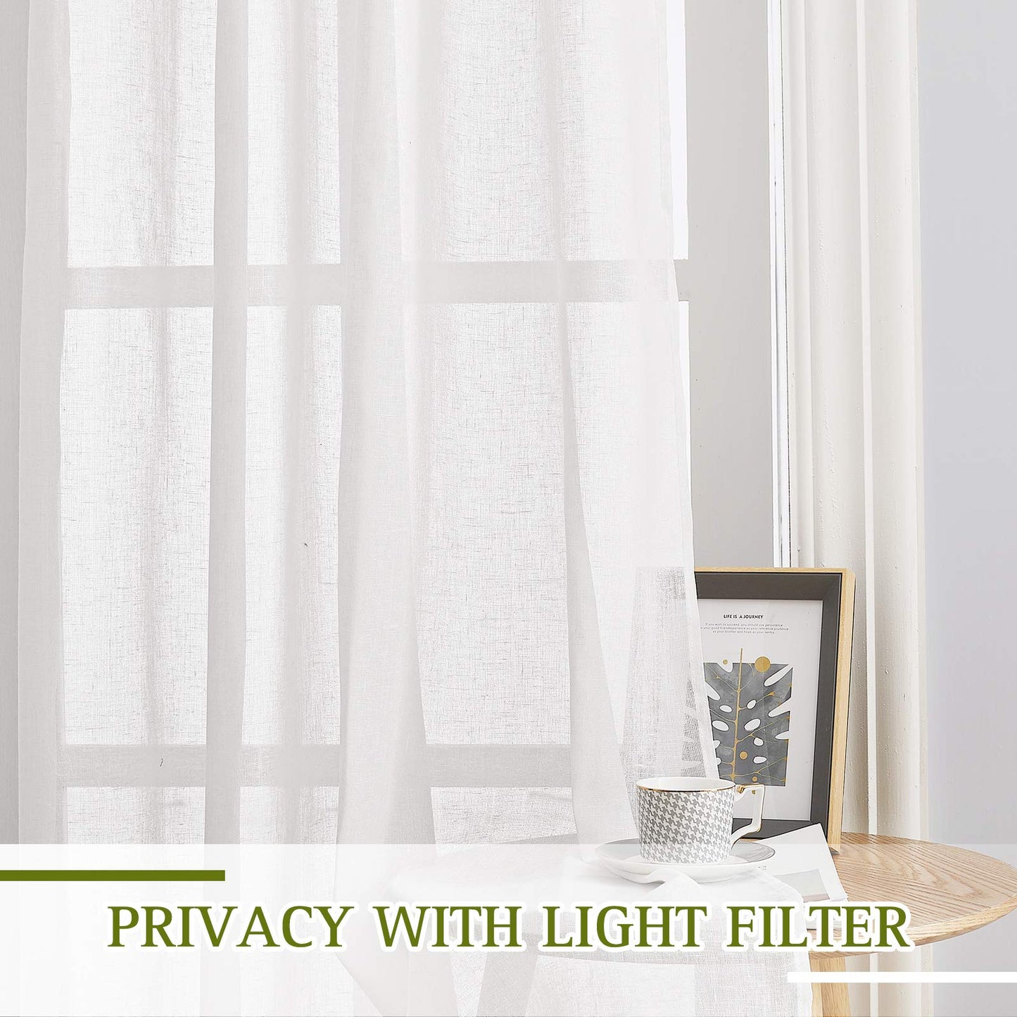 Boho Sheer Linen Curtains - 84" Length, 2 Panel Set with Grommets, Semitransparent for Living Room & Bedroom