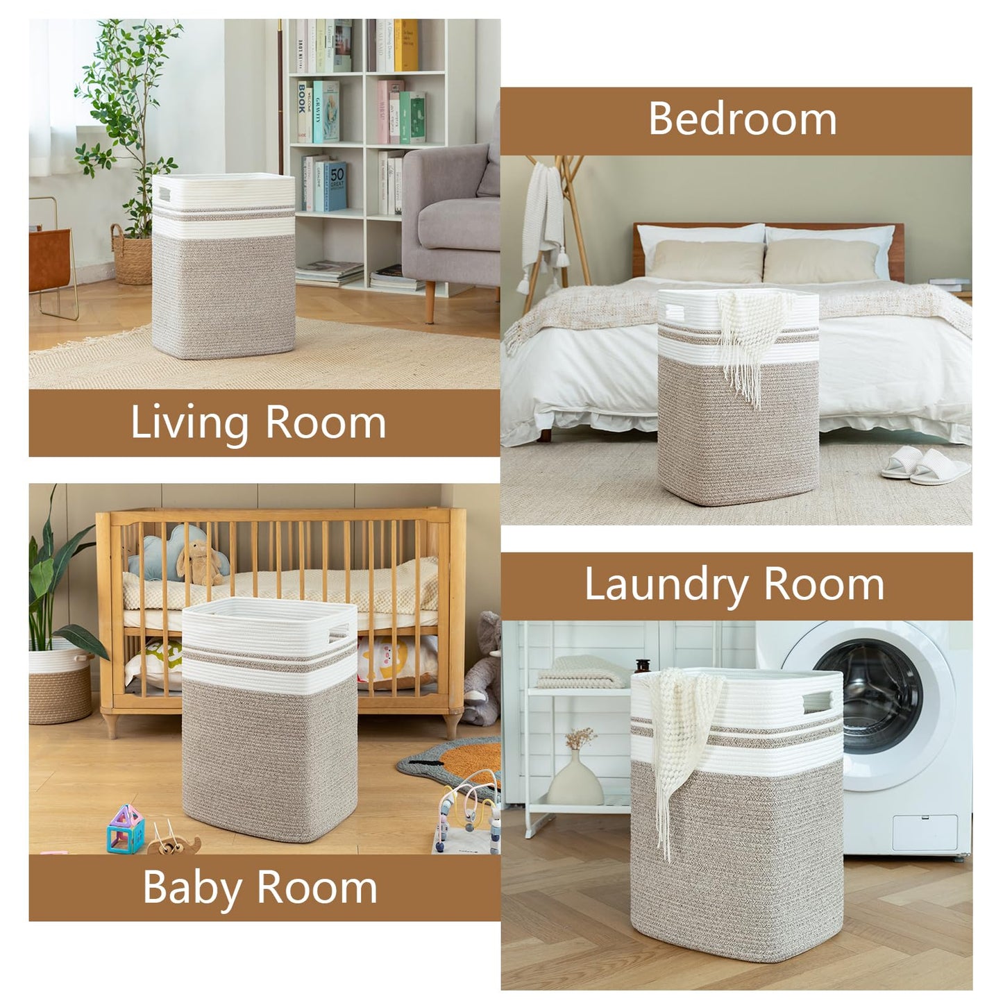Tall Boho Cotton Laundry Hamper - Stylish Storage Basket with Handles - Collapsible for Toys, Pillows, and Clothes