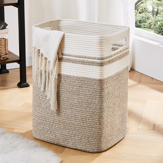 Tall Boho Cotton Laundry Hamper - Stylish Storage Basket with Handles - Collapsible for Toys, Pillows, and Clothes