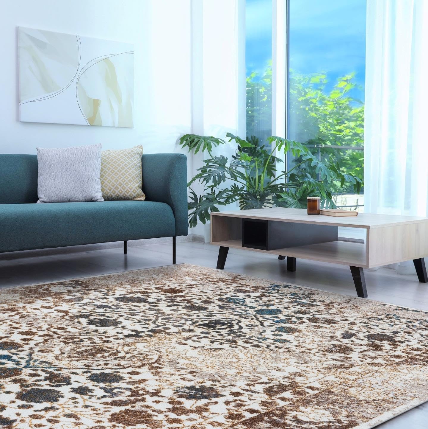 Luxe Weavers Distressed Floral Oriental Area Rug, Stain Resistant Cream 4x5