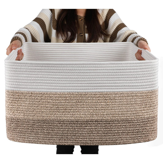Boho Home Accents: Oversized Rectangle Blanket Basket - Handwoven Nursery Cotton Rope Basket for Storage, Living Room, and Toy Organization with Convenient Handle. Discover a Variety of Colors and Sizes.