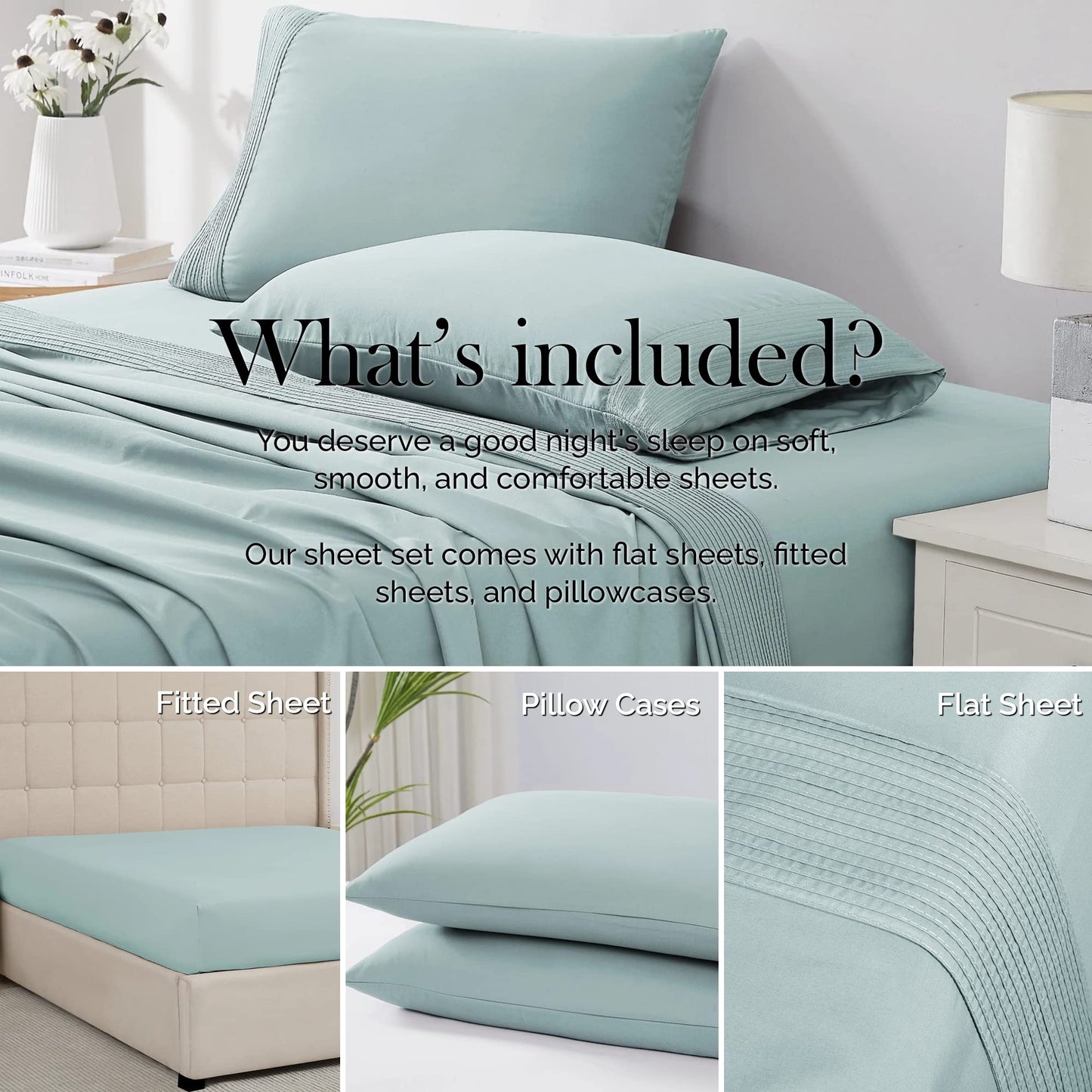 Vilano Pleats Queen 4-Piece Extra Deep Pocket Sheet Set, 21-Inch, Easy Care