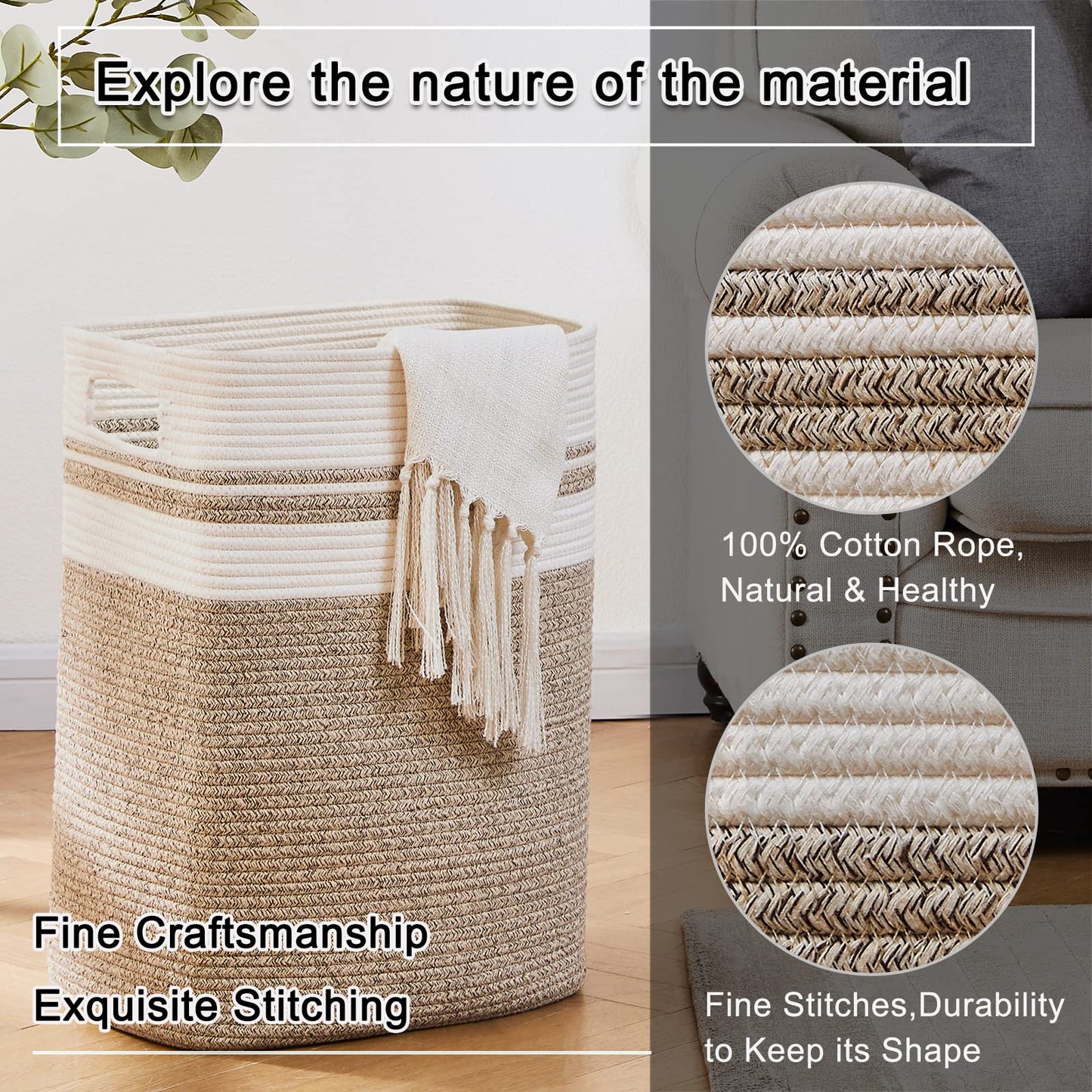 Tall Boho Cotton Laundry Hamper - Stylish Storage Basket with Handles - Collapsible for Toys, Pillows, and Clothes
