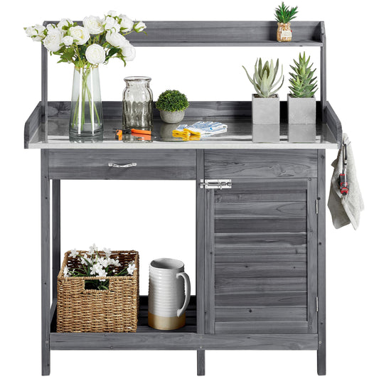 Boho Garden Workstation: Outdoor Potting Bench with Metal Tabletop and Handy Hooks
