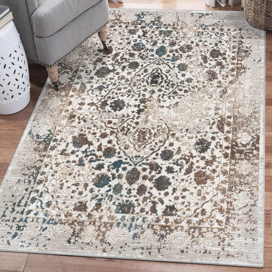 Luxe Weavers Distressed Floral Oriental Area Rug, Stain Resistant Cream 4x5