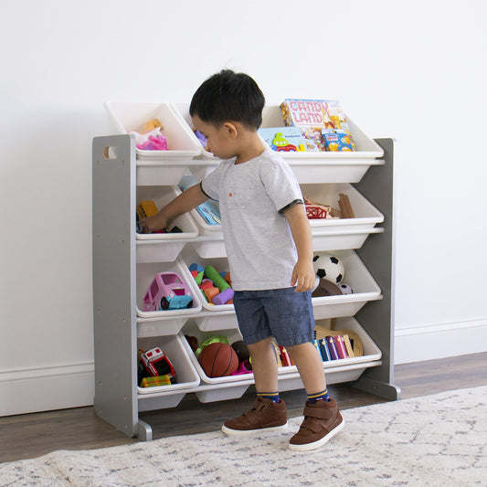 Grey and White Toy Organizer with 12 Removable Bins – Perfect for Toddlers