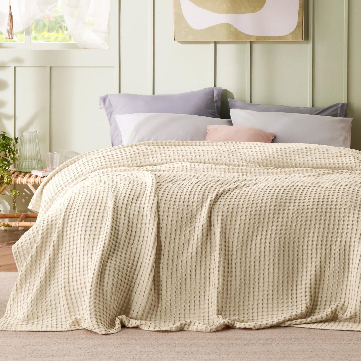 Beige Cooling Waffle King Blanket - Lightweight Bamboo-Cotton Blend for Hot Sleepers, 104x90 Inches