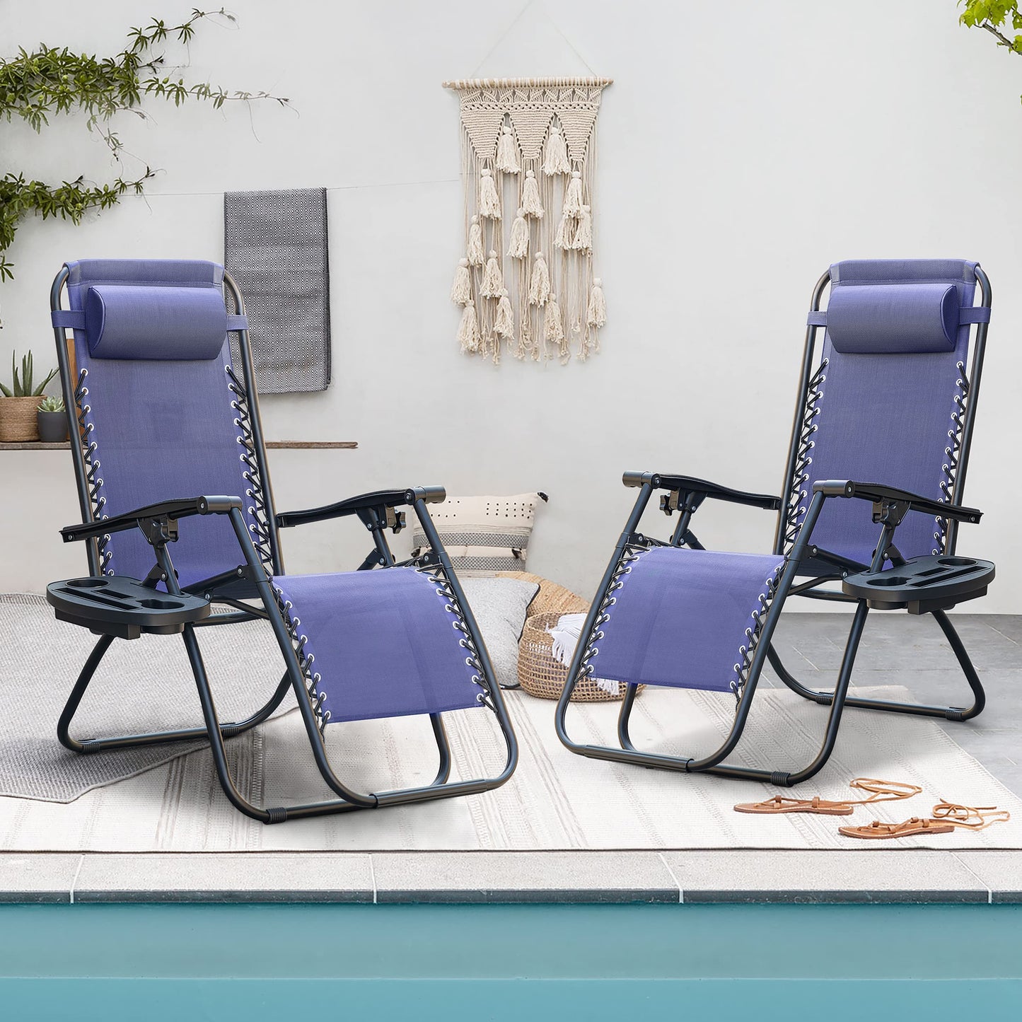 Boho Zero Gravity Chairs: Folding Outdoor Lounge Set - Reclining Chairs with Cup Holder and Pillows - Perfect for Poolside, Backyard, or Beach - Available in Various Colors!
