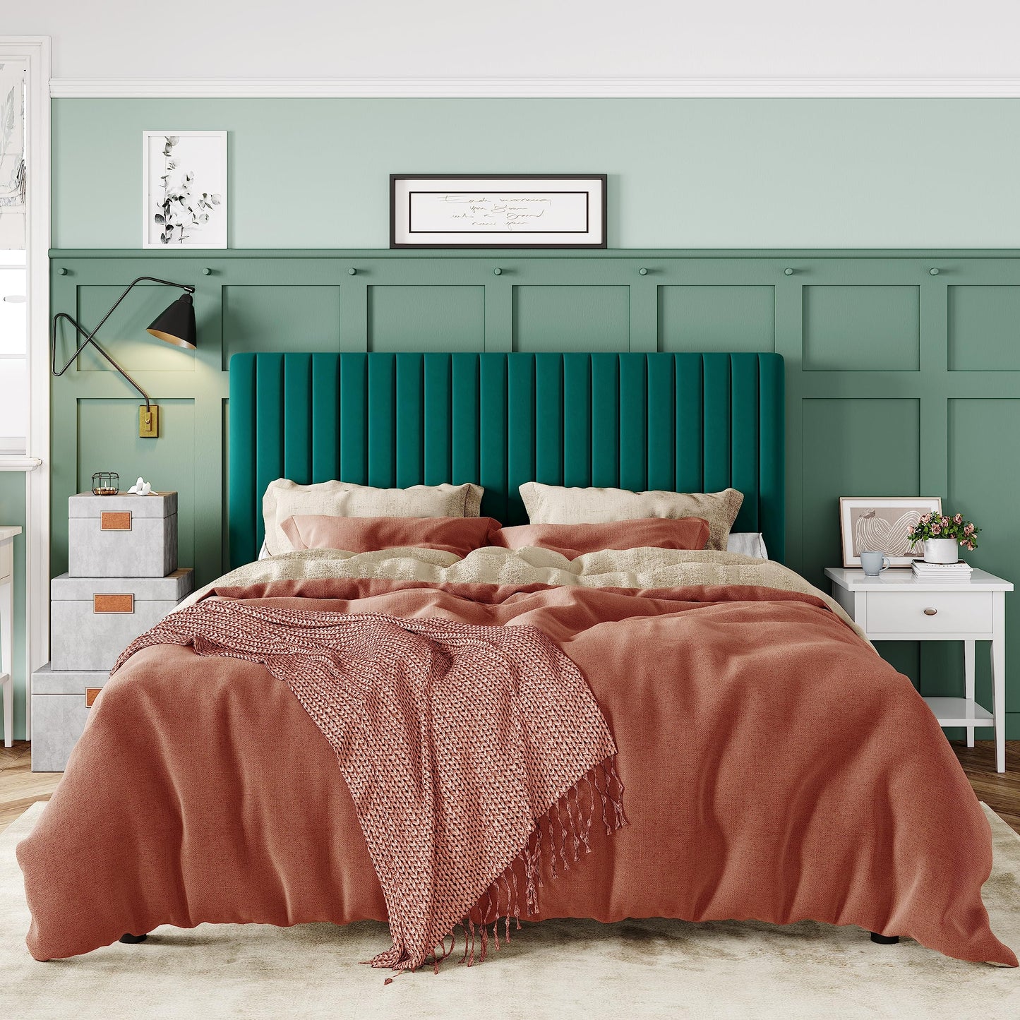 Velvet Upholstered Bed Frame with Adjustable Tufted Headboard