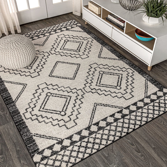 Amir Moroccan Beni Souk Indoor Area Rug, Boho Farmhouse Geometric 8x10 Cream/Black