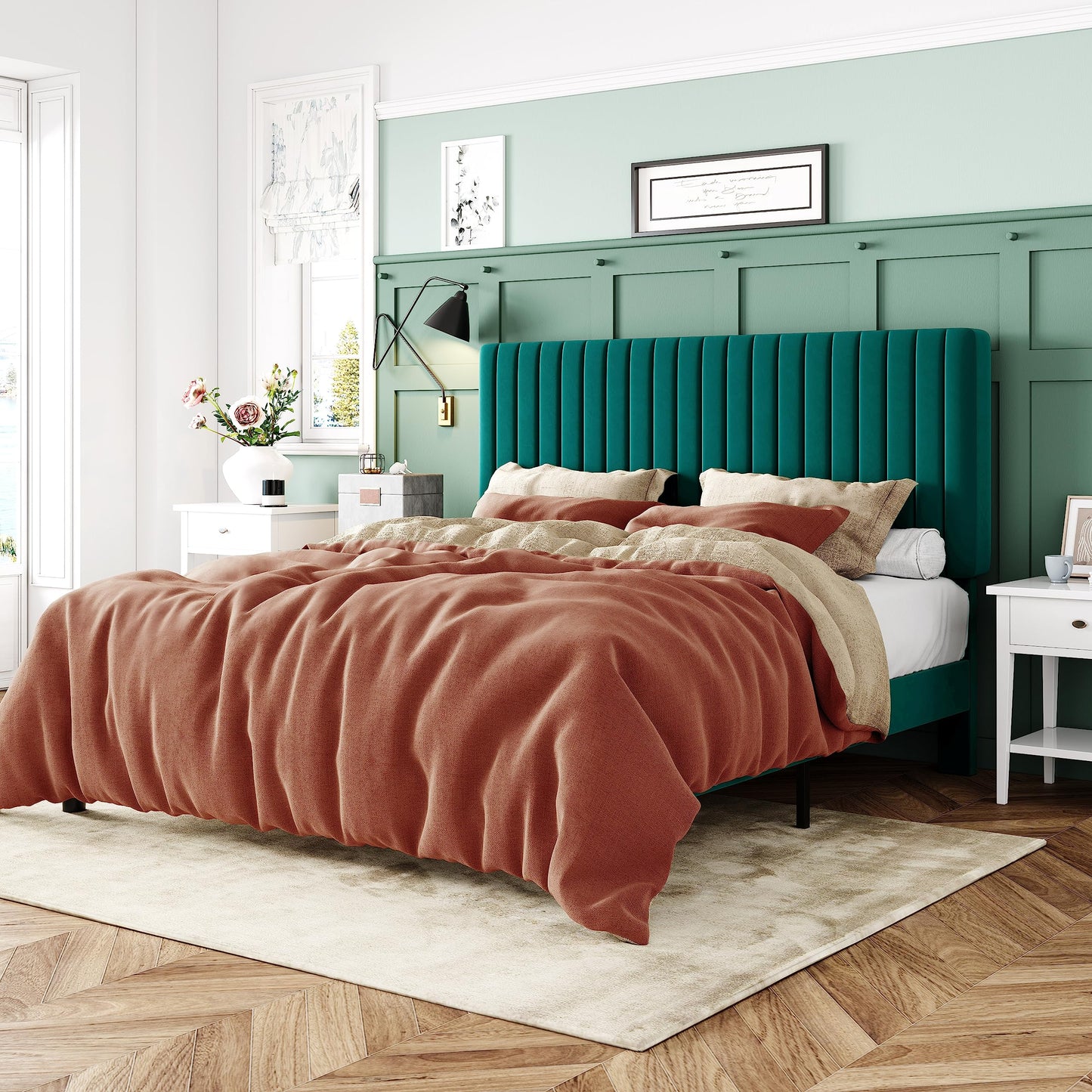Velvet Upholstered Bed Frame with Adjustable Tufted Headboard