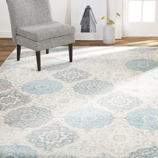 Boho Andorra Grey/Blue Transitional Damask Area Rug, 5'2"x7'2"